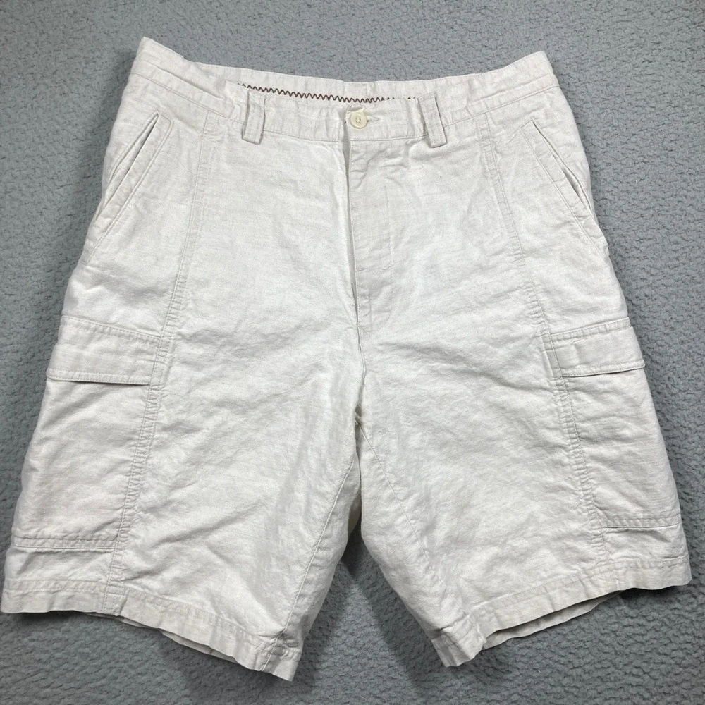 Cubavera Cargo Shorts Men 32 Beige Linen Cotton Blend Pineapple Logo 9 in Inseam